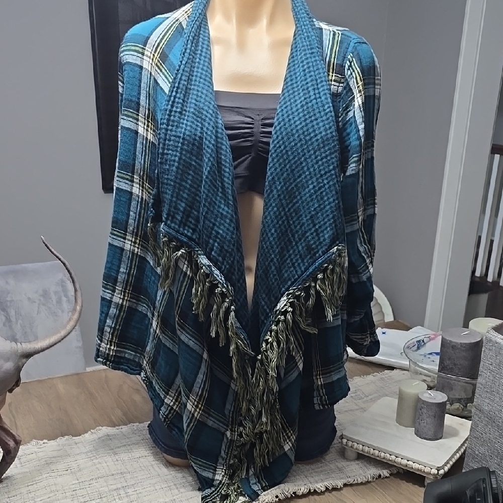 Teal Plaid Fringe Wrap